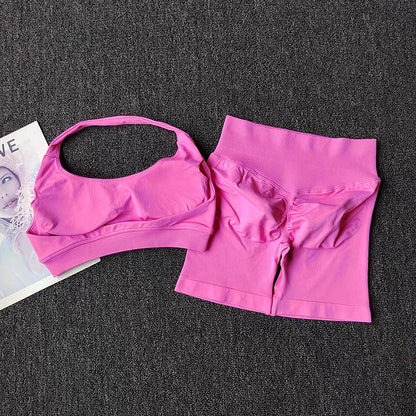2 Pieces Yoga Suit for Women Seamless Fitness Gym Clothes Halter Sports Bra Matching Impact Shorts Workout Sets Gym Outfit