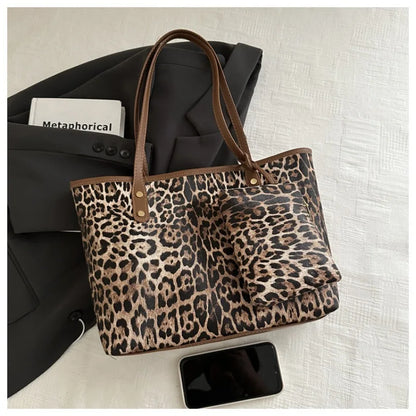 Leopard Print Tote Bag - Women's PU Leather Large Capacity Casual Travel Purse