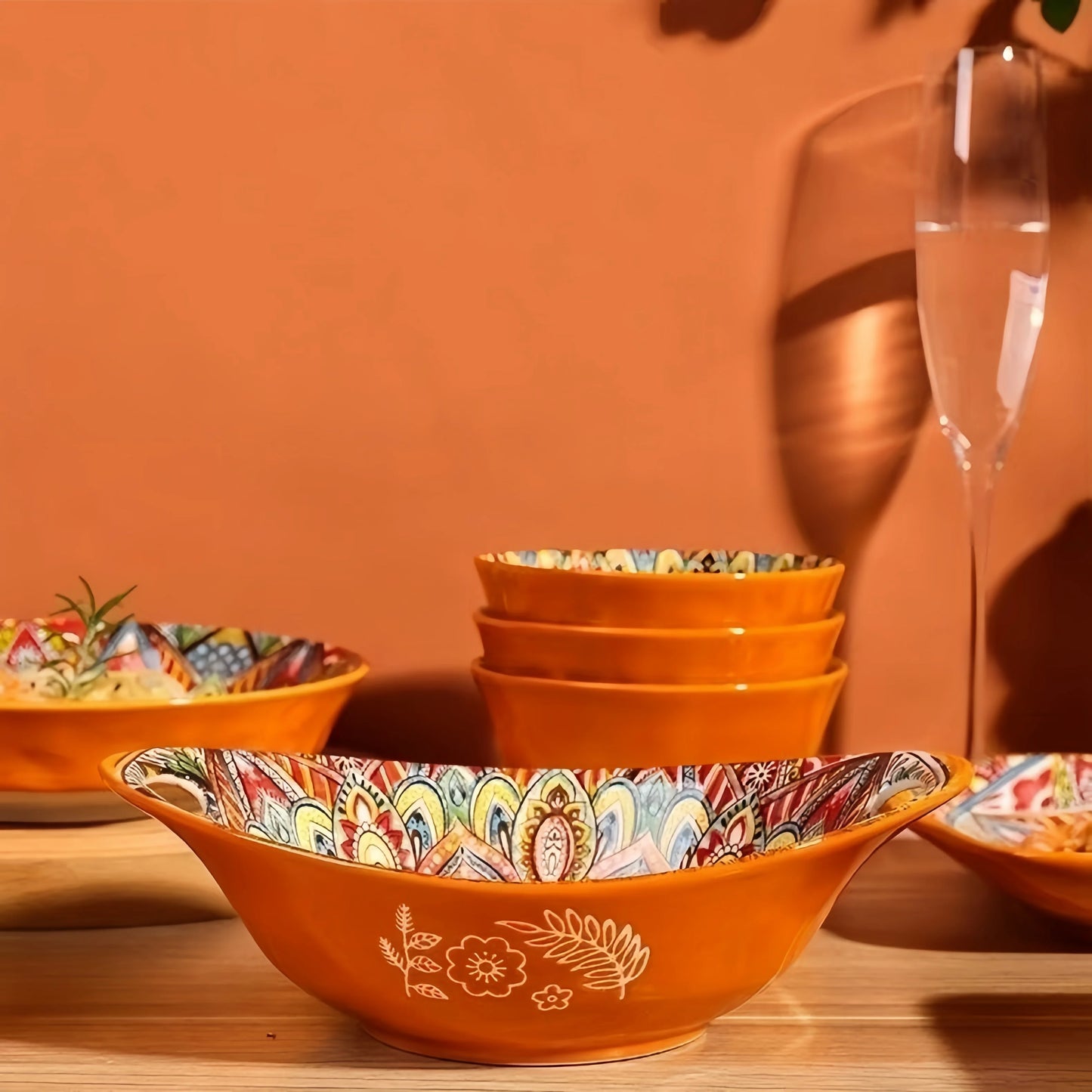 Bohemian Ceramic Salad Bowl Set - Microwave Safe Stackable Oval Plates with Handle 2PCS