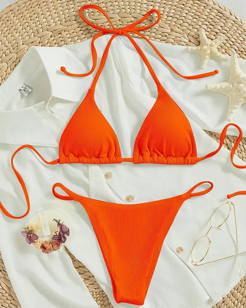 Sexy Women Thong Solid Color Bikini Set Side Halter Tie Swimsuit Ladies Split Strap Adjustable Brazilian Swimwear Beachwear