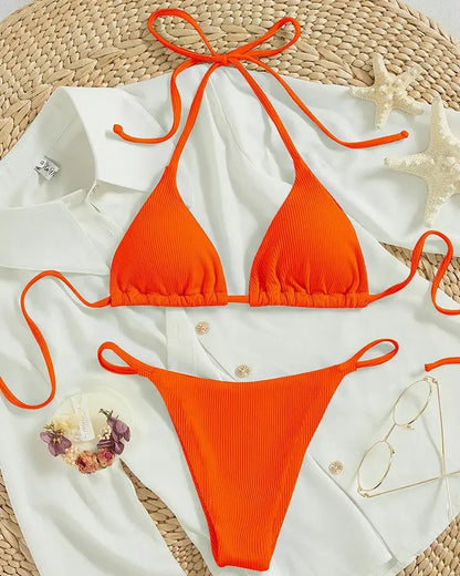 Sexy Women Thong Solid Color Bikini Set Side Halter Tie Swimsuit Ladies Split Strap Adjustable Brazilian Swimwear Beachwear