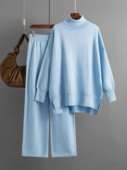 Women's Two Piece Set Autumn Winter High Collar Slit Knitted Sweater Pullover Fashion Casual Loose High Waist Pant Ensemble