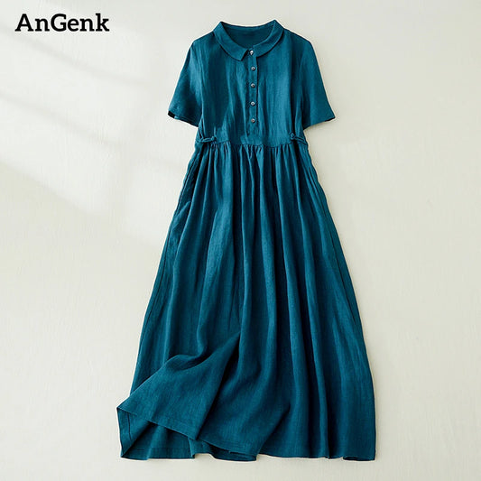 Cotton Summer Dress - Vintage Solid Color Mid-Calf Length Casual Elegant A-Line