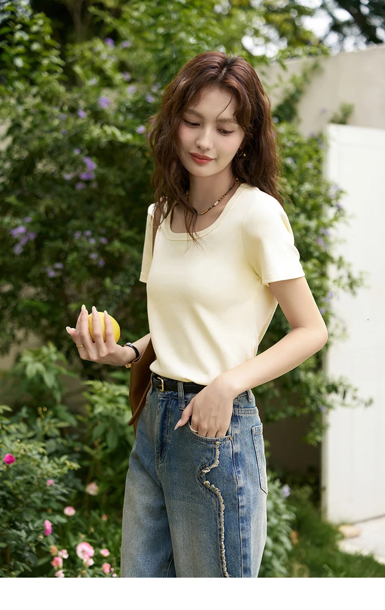 Women's Square-Neck T-Shirt – Elegant Cotton Short-Sleeve Top