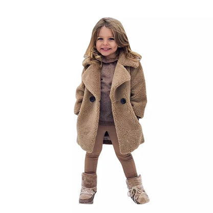 Lamb Fleece Girls Jacket Autumn Winter New Girls Long Style Solid Color Thick Warm Lapel Windbreaker For 2-6Y Girls Overcoat