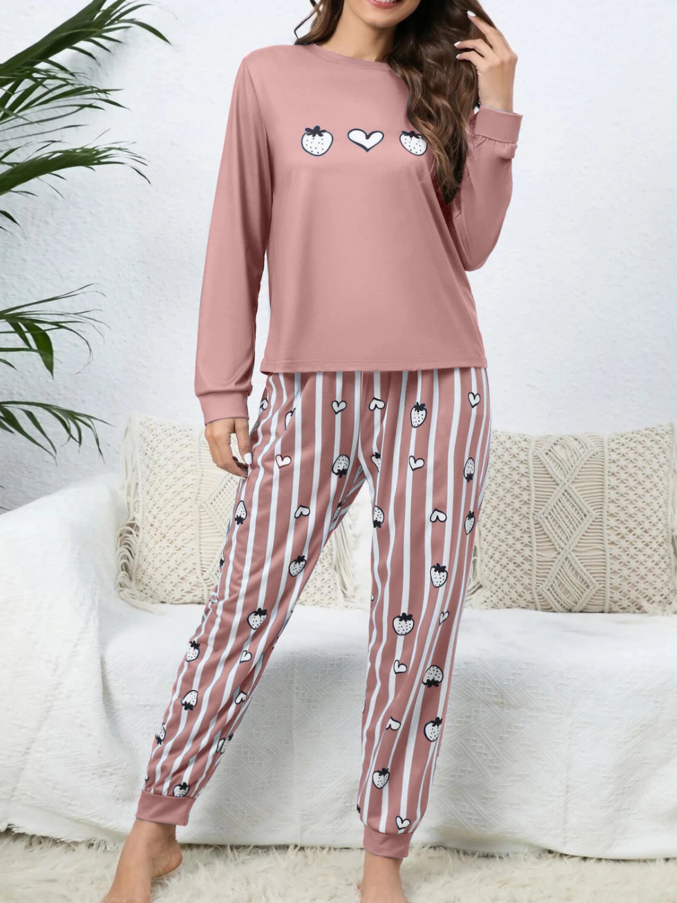 Two-piece set of women's fruit-print long-sleeved striped long pants for all seasons (spring, summer, autumn, winter) - home wea
