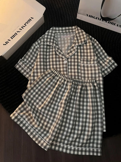 Ins Japanese-Style Minimalist Women's Pajamas Summer Bubble Cotton Cute Girl Loose Short-Sleeve Shorts Loose Summer Outfit Set