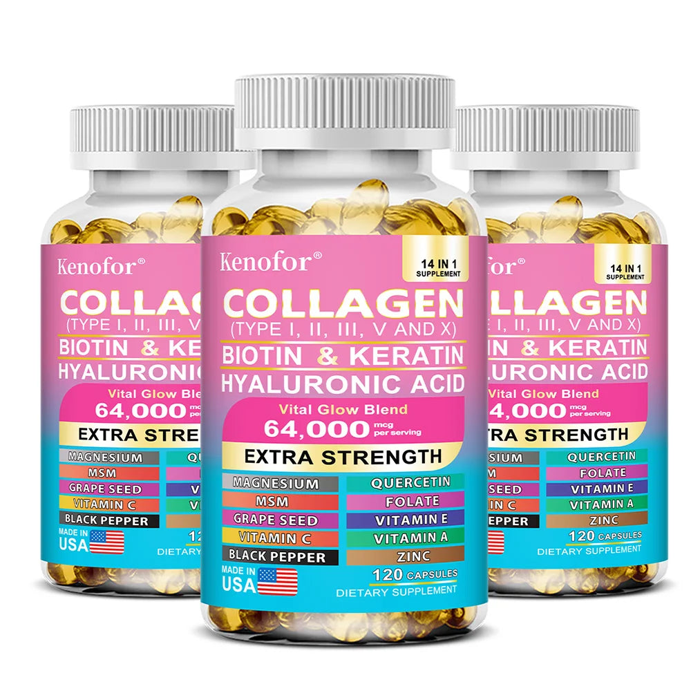Collagen Capsules with Types I,II,III,V,X + Biotin Keratin Vitamins, Anti‑Aging, Skin Whitening, Hair, Nail Care & Joint Support