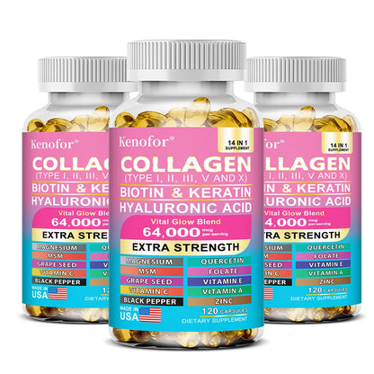 Collagen Capsules with Types I,II,III,V,X + Biotin Keratin Vitamins, Anti‑Aging, Skin Whitening, Hair, Nail Care & Joint Support