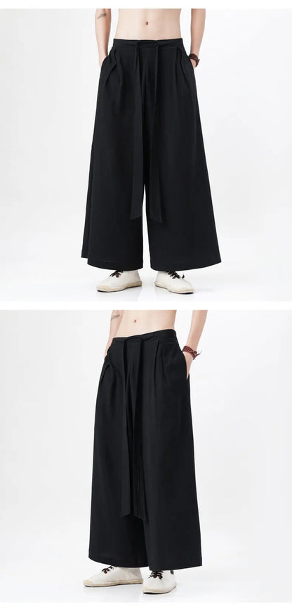 Chinese Style Linen Cotton Retro Pants Man Summer Kimono  Solid Color Traditional Pants Male Streetwear Casual Wide-Leg Trousers