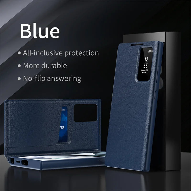 For Samsung Galaxy S25 S23 S24 S26 Ultra S25Plus Case Original PU Leather Card Pocke Flip Smart Display Transparent Window Cover