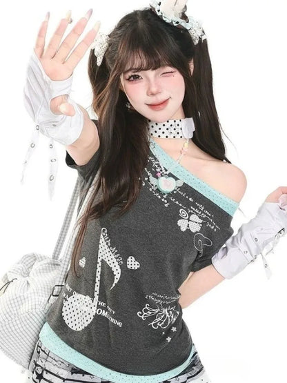 Kimutomo Women T Shirts Polka Dot Printed Short Sleeve Slim Grunge Gothic Y2k Aesthetic Harajuku Tops Ladies Fashion Casual Tee