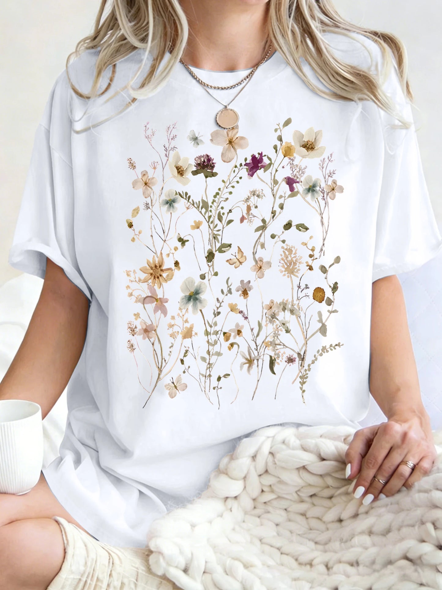 Beautiful Flower Clusters Printing Woman T-Shirt Summer Oversized Short Sleeve O-Neck Cotton T Shirts Y2K Women Sports Tops