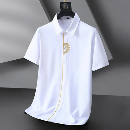 Upto 10XL Size Short Sleeve Embroidered Shirt Men's Casual Loose Oversized Black and White Short Sleeve Shirt Summer