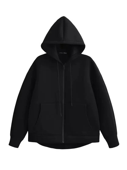 Women's Zipper Hoodie Oversize Jacket – Casual Outerwear Double Pocket Coat