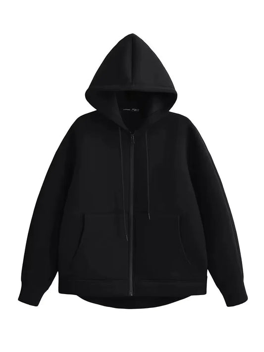 Women's Zipper Hoodie Oversize Jacket – Casual Outerwear Double Pocket Coat