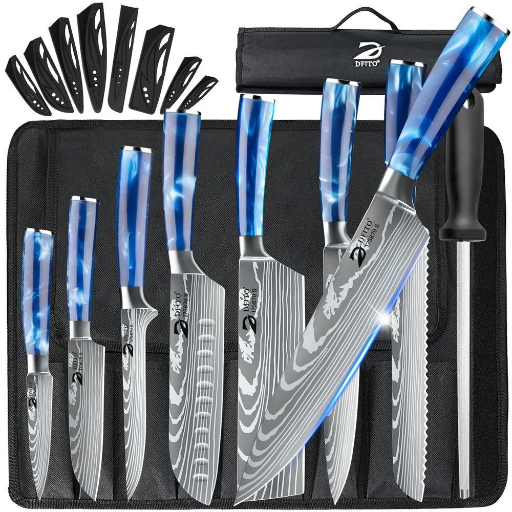 Damascus Steel Kitchen Knife Set - 8-Piece Chef Utility Paring Boning Cleaver Santoku with Nylon Bag