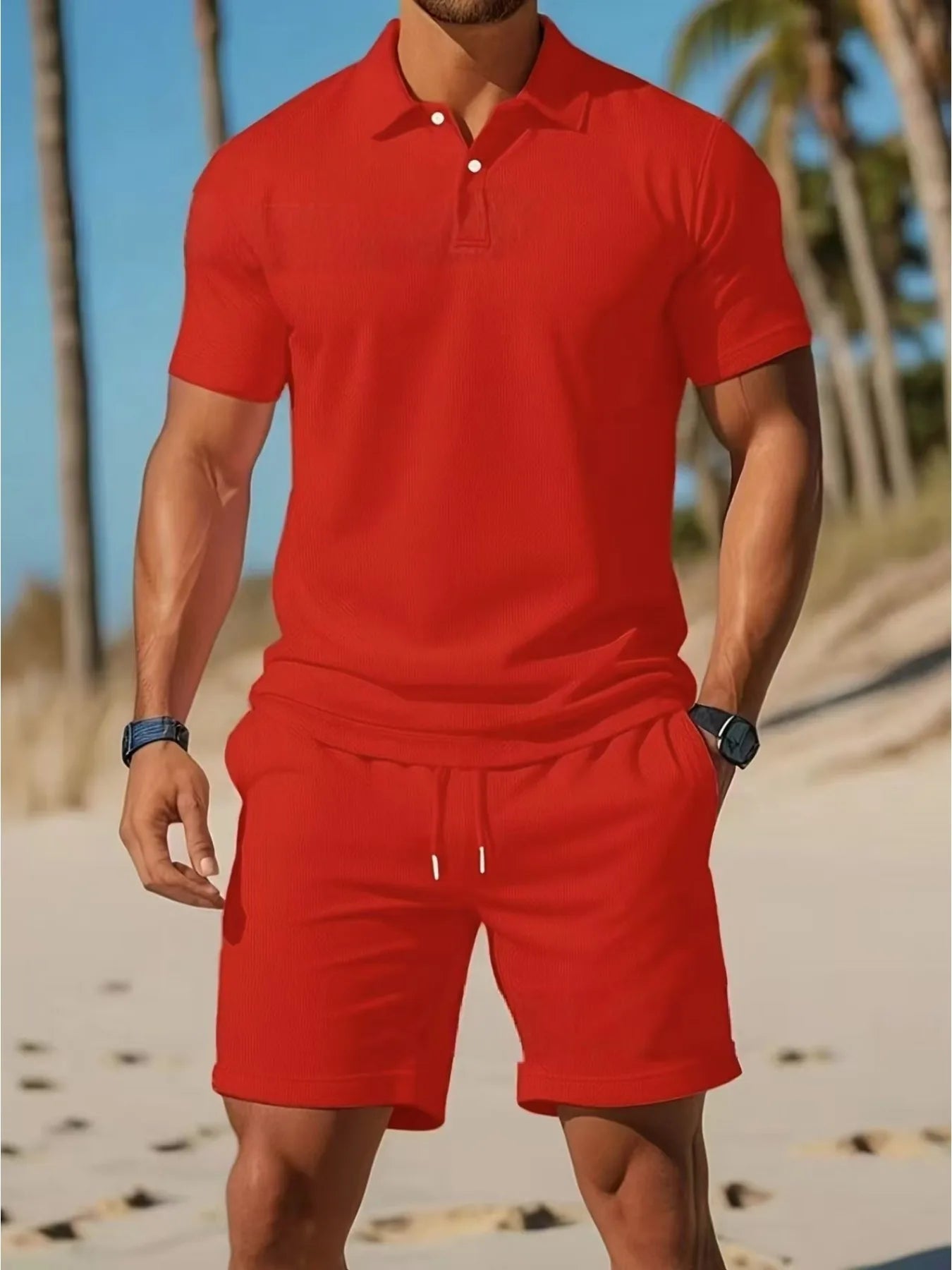 Summer new men's polo shirt set casual sporty cool fashionable slim fit solid color short sleeved shorts set men's