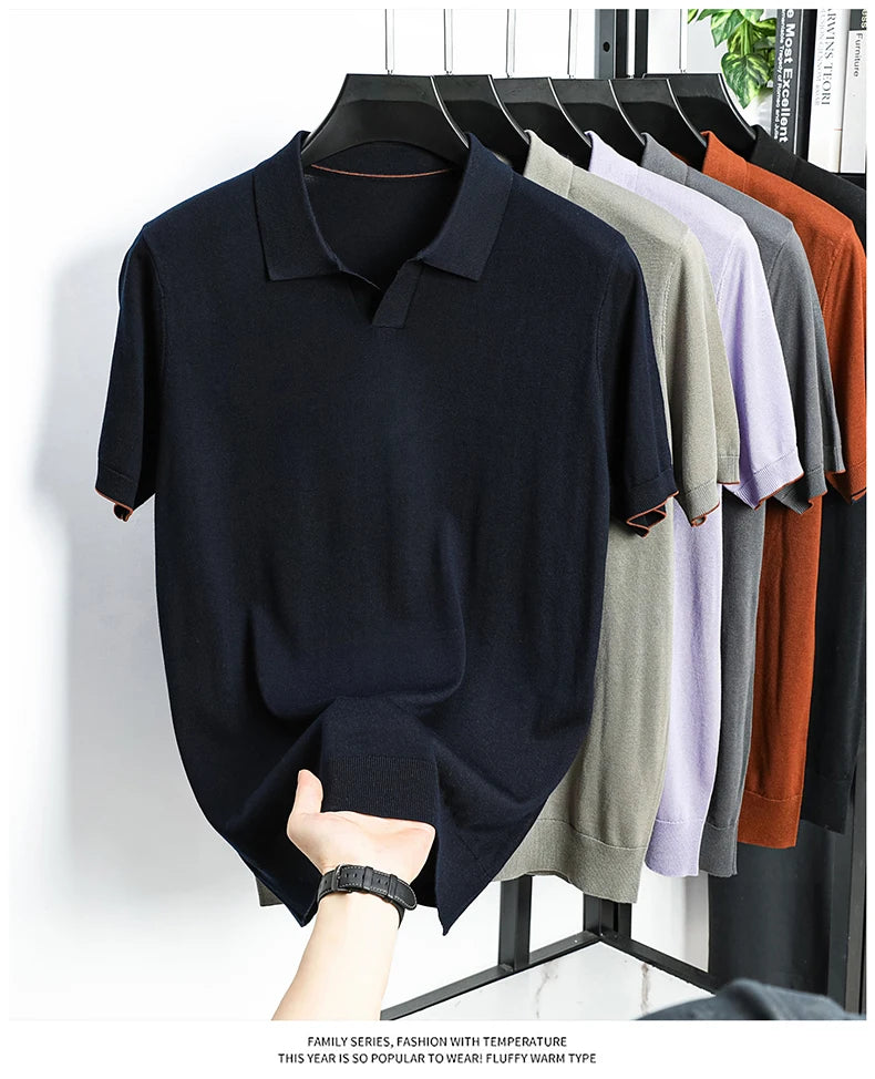 100%  Lyocell Knitwear 2025 Men Spring Summer Trendy Turn Down Collar Knit Tees Short Sleeve Breathable Knit Tops