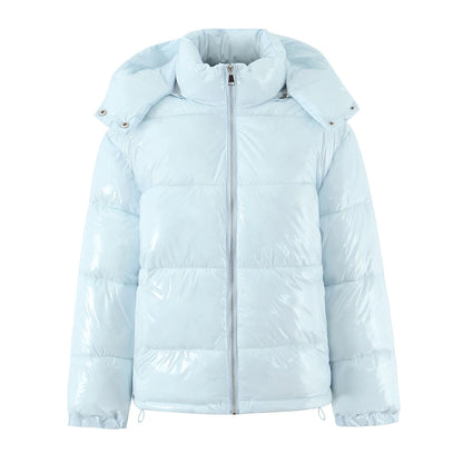 New Winter Fashion Women Bright Light Blue Zipper Up Bread Parka Coat Woman Stand Collar Removable Hooded Long Sleeve Outerwear