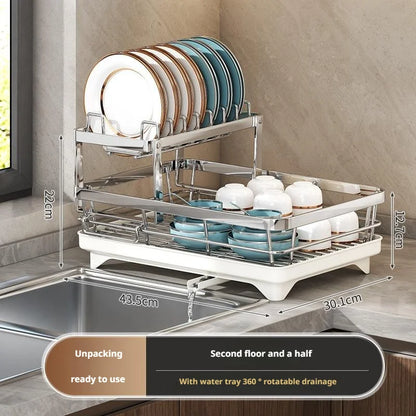 Dish Drying Rack - 2 Tier Stainless Steel Over Sink Shelf with Utensil Holder