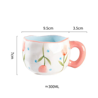Korean Ceramic Mug - Hand Painted 300ml Irregular Coffee Cup with Flower Heart Design