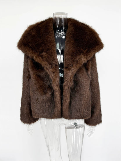 Faux Fur Women's Coat – Luxury Cropped Fluffy Jacket With Lapel Collar