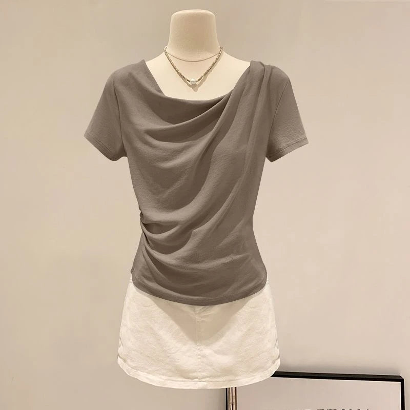 Summer Off Shoulder Top Women Summer Fashion Versatile Base Shirt Plus Size Slim Fit Short-sleeved T-shirt Casual and Sexy Beach