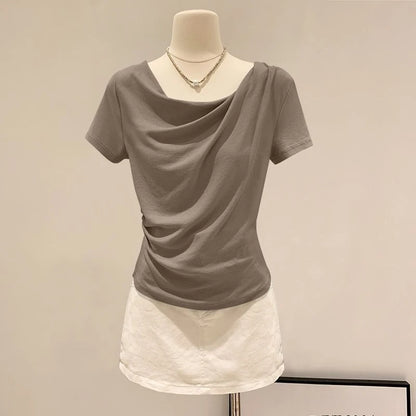 Summer Off Shoulder Top Women Summer Fashion Versatile Base Shirt Plus Size Slim Fit Short-sleeved T-shirt Casual and Sexy Beach
