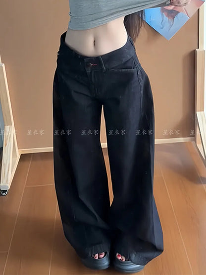 American Women High Street Vibe Wide-leg Jeans for Autumn and Winter for Men and Women Washed Loose Straight Pants New