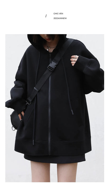 CHIC VEN Women Sweatshirts Hoodies Solid Loose Casual Hooded Female Tops Lady Coat Medium Length Overcoat Spring Autumn 2025