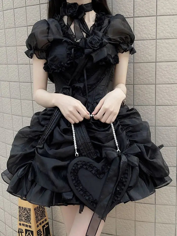 Lolita Women Summer Crop Blouse  Y2k  Sweet Bandage JK Blusas Capes Cosplay Harajuku Ruffled Puff Sleeve Shirt Kawaii Mujer