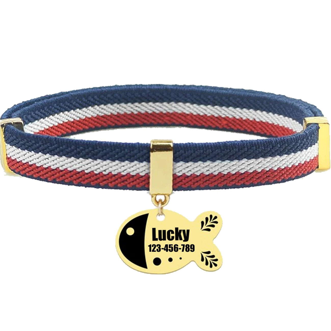 Free Customized Cat Collar Cute Fish Metal Necklace Pet ID Name Tag Personalized GPS Tracker Kitten Dog Breakaway Elastic Collar