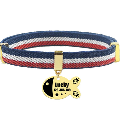 Free Customized Cat Collar Cute Fish Metal Necklace Pet ID Name Tag Personalized GPS Tracker Kitten Dog Breakaway Elastic Collar