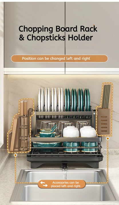 Adjustable Stainless Steel Dish Drying Rack with Drainboard - Over Sink Plate Organizer - ZOOMNSTORE