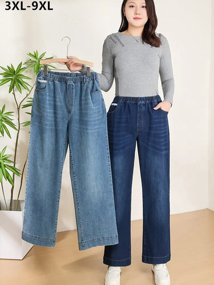 Women Wide Leg Jeans 7XL 9XL Straight Stretched Plus Size Girls Fashion Lady High Waist Female Oversized Denim Pants Trousers