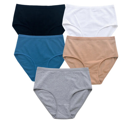 5Pcs/Set High Rise Panties Women Cotton Briefs Sexy Lingerie Ribbed Basic Daily Underwear Soft Stretch Ladies Intimates S-XXL