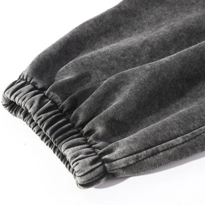 350g Water-Washed Distressed Loose Fit Casual Sweatpants with Ankle Ties - Retro American Style for Autumn/Spring