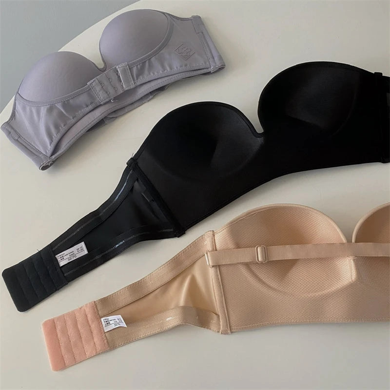 Strapless Push Up Bra - Front Closure Wireless Bralette, Seamless Nylon One-Piece Brassiere