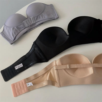 Strapless Push Up Bra - Front Closure Wireless Bralette, Seamless Nylon One-Piece Brassiere