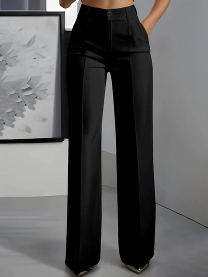Women High Waisted Wide Leg Office Trousers, Solid Black Pleated Elegant Crease Dress Pants, Professional Full Length Trousers