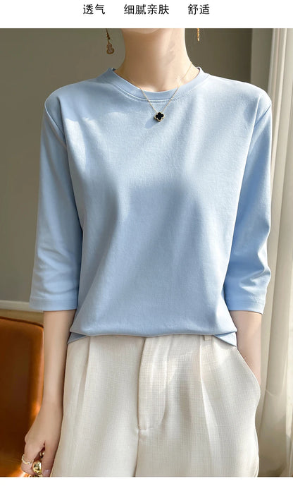 Summer Cotton Short-Sleeved T-Shirt Women's Round Neck Seven-Point Sleeves Loose Mercerized Cotton Half-Sleeve Shirt New T-shirt