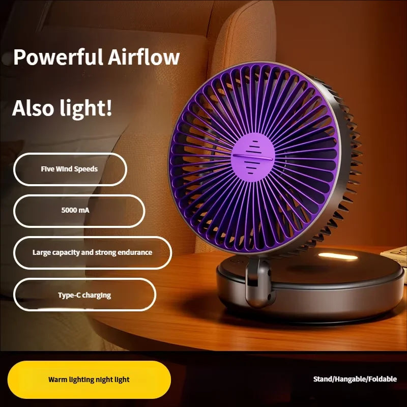 5000mAh Foldable Glow-in-the-Dark Fan Wall Mount Portable Quiet High-Speed Air Circulation Fan for Students Office Desk Fan