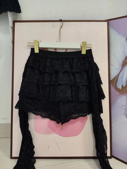 Aesthetic Gothic Lolita Black Lace 3 Piece Skirt Set Women Puff Sleeve Cardigan+Bow Cami Y2K Tops+Cake Mini Skirt Kawaii Outfit
