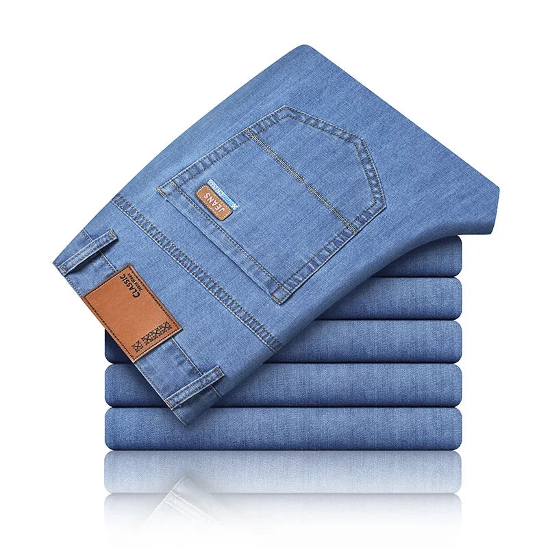 Mens Lightweight Blue Denim Jeans - Stretch Cotton Straight Pants for SpringSummer Casual Wear - ZOOMNSTORE