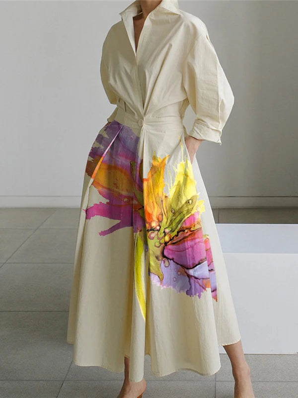 A-Line Pleated Dress - Tied Waist Cotton Blend Midi Dress With Lapel Collar