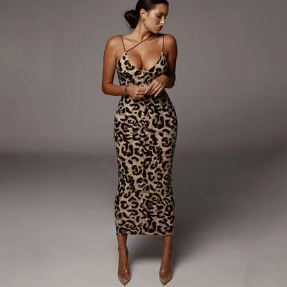 Leopard Sleeveless Dress - Slim Fit High Waist Spaghetti Strap Summer Party Gown