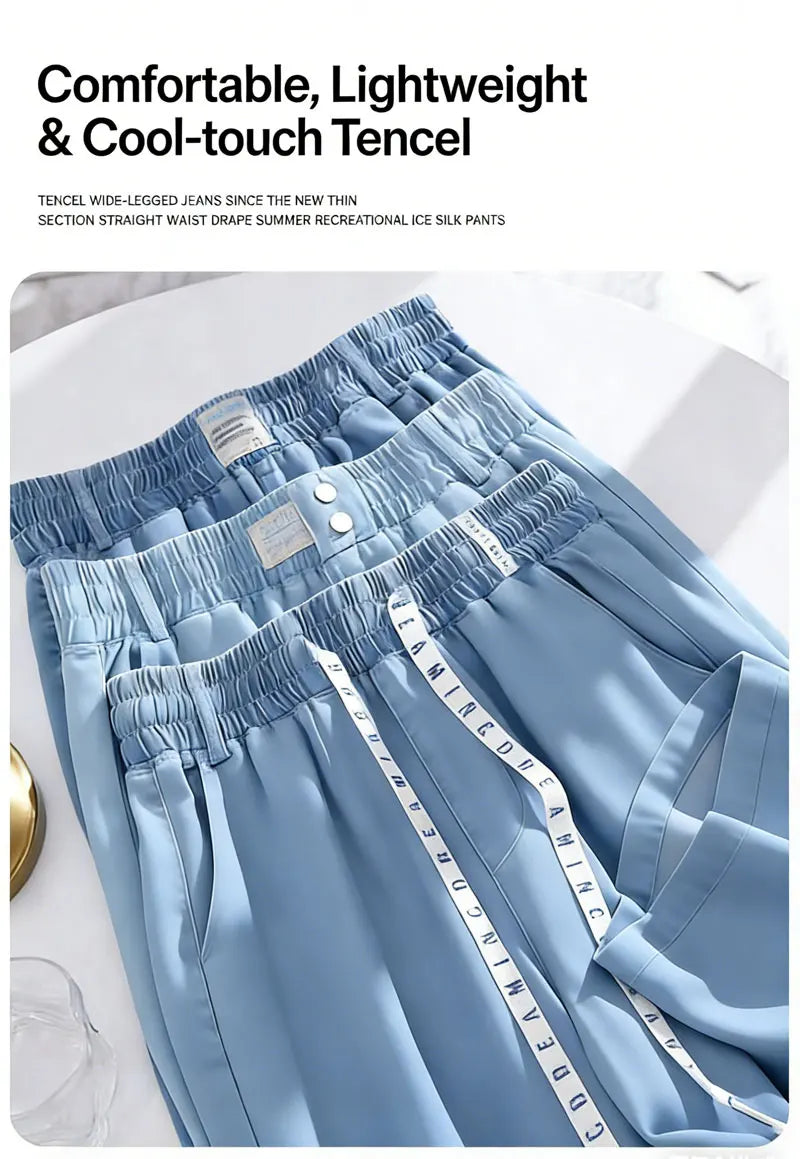 Plus Size Loose Fit Ice Silk Jeans Casual Yoga Demin Pants Women's Summer Trendy Brand Thin Wide Leg Pants Feel Comfortable