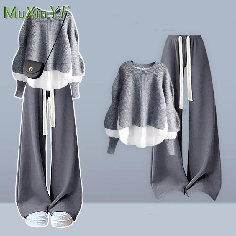 2025 Autumn/Winter New Korean Elegant Fake Two Piece Knit Sweater Top+Casual Pants Suit Women's Fashion Tracksuit Matching Set