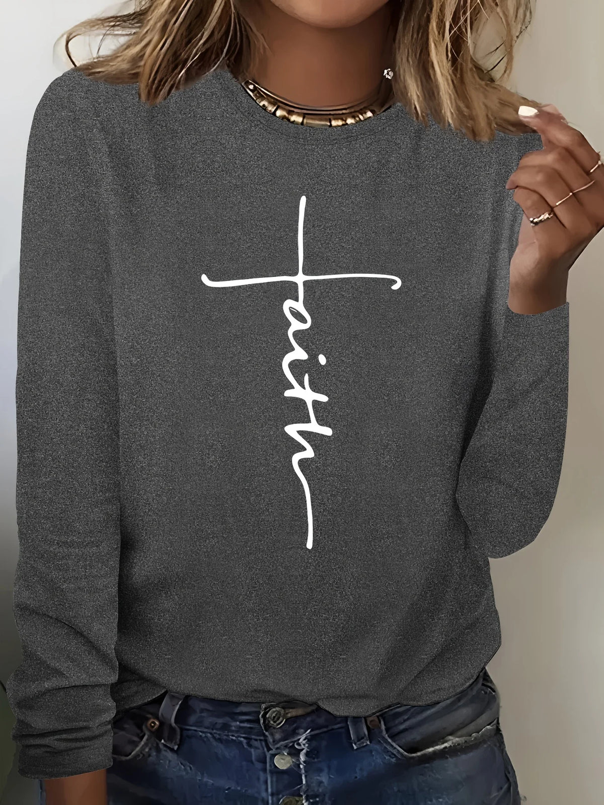 Women's Spring and Autumn 100% Cotton Fashion Casual Loose You Are Enough Printed Round Neck Long Sleeve T-shirt Top